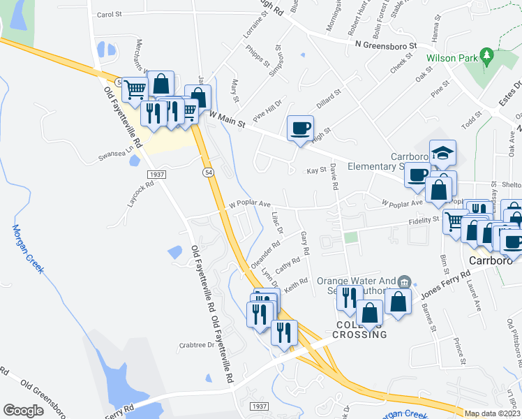 map of restaurants, bars, coffee shops, grocery stores, and more near 501 West Poplar Avenue in Carrboro