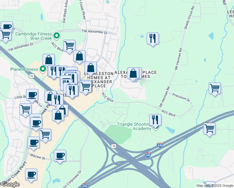 map of restaurants, bars, coffee shops, grocery stores, and more near 7650 ACC Boulevard in Raleigh