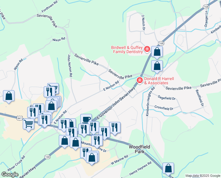 map of restaurants, bars, coffee shops, grocery stores, and more near 440 East Norton Road in Knoxville