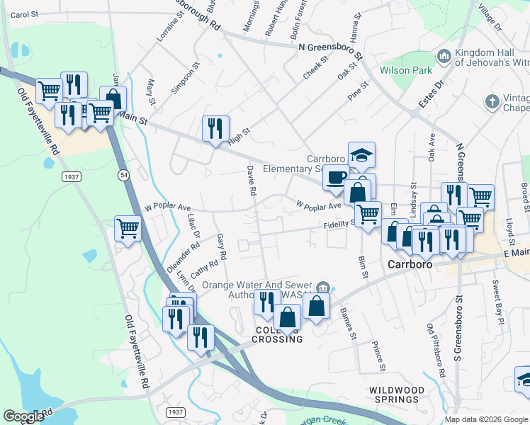 map of restaurants, bars, coffee shops, grocery stores, and more near 211 West Poplar Avenue in Carrboro