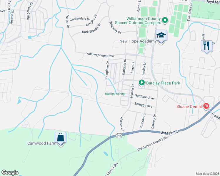 map of restaurants, bars, coffee shops, grocery stores, and more near 652 Springlake Drive in Franklin
