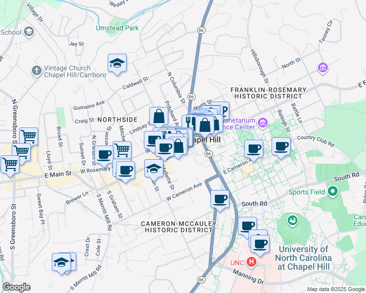 map of restaurants, bars, coffee shops, grocery stores, and more near 140 West Franklin Street in Chapel Hill