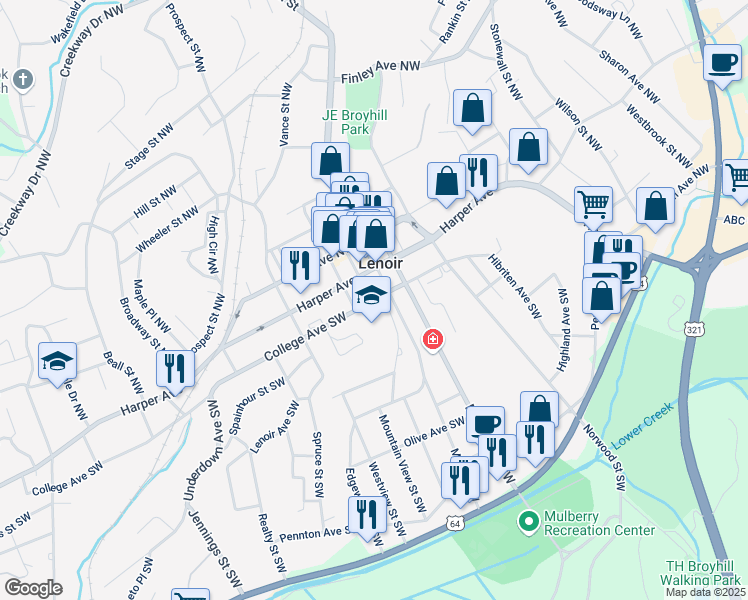 map of restaurants, bars, coffee shops, grocery stores, and more near 901 College Avenue Southwest in Lenoir