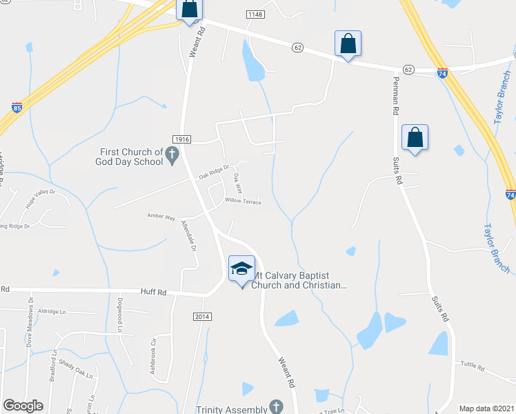 map of restaurants, bars, coffee shops, grocery stores, and more near 404 Willow Terrace in Archdale