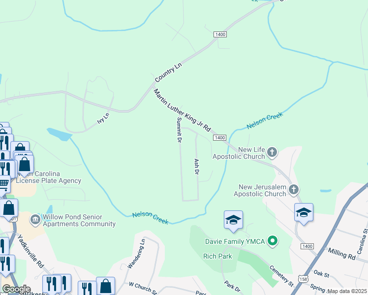 map of restaurants, bars, coffee shops, grocery stores, and more near 171 Summit Drive in Mocksville