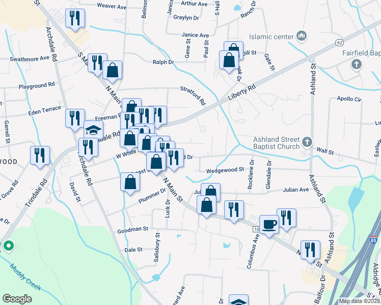 map of restaurants, bars, coffee shops, grocery stores, and more near 129 Englewood Drive in Archdale