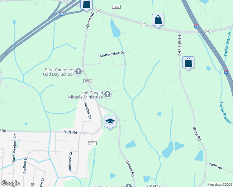 map of restaurants, bars, coffee shops, grocery stores, and more near 402 Willow Terrace in Archdale