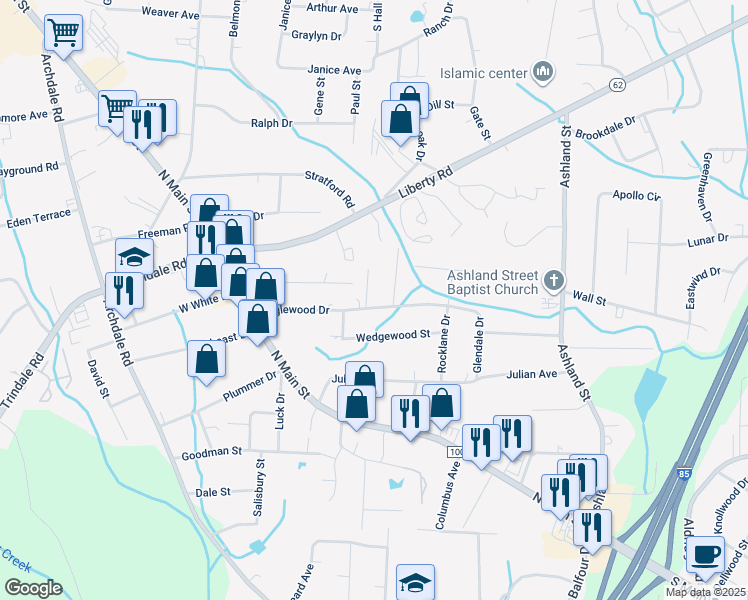 map of restaurants, bars, coffee shops, grocery stores, and more near 301 Englewood Drive in Archdale