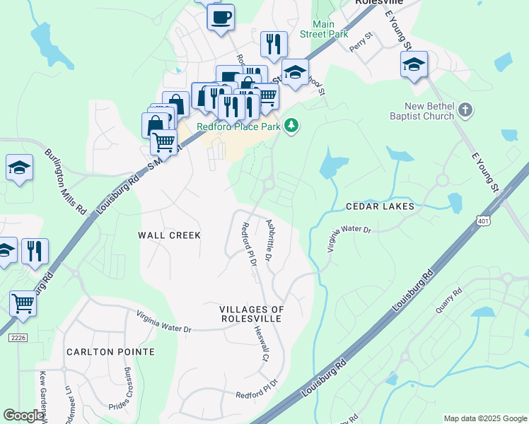 map of restaurants, bars, coffee shops, grocery stores, and more near 601 Ashbrittle Drive in Rolesville