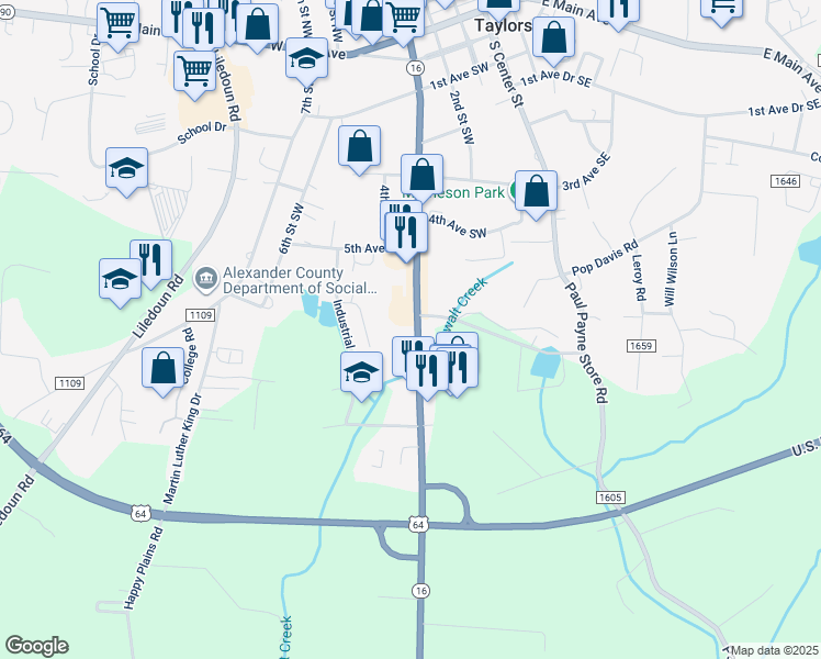 map of restaurants, bars, coffee shops, grocery stores, and more near 636 North Carolina 16 in Taylorsville
