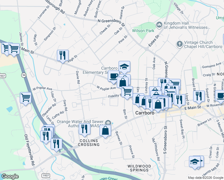 map of restaurants, bars, coffee shops, grocery stores, and more near 105 West Poplar Avenue in Carrboro