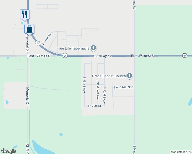 map of restaurants, bars, coffee shops, grocery stores, and more near 17249 South 90th East Avenue in Bixby