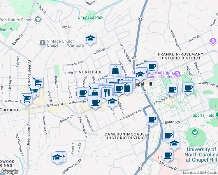map of restaurants, bars, coffee shops, grocery stores, and more near 70 Andrews Lane in Chapel Hill