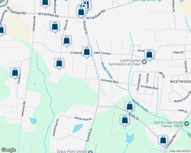 map of restaurants, bars, coffee shops, grocery stores, and more near 2410 Surrett Drive in Archdale