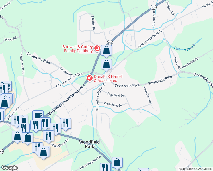 map of restaurants, bars, coffee shops, grocery stores, and more near 408 Kimberlin Heights Rd in Knoxville