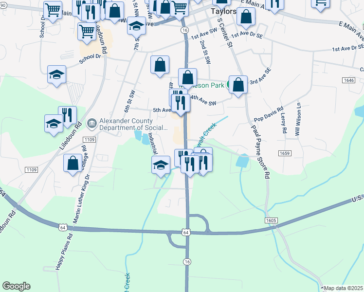 map of restaurants, bars, coffee shops, grocery stores, and more near 636 North Carolina 16 in Taylorsville