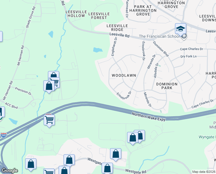 map of restaurants, bars, coffee shops, grocery stores, and more near 9021 Erinsbrook Drive in Raleigh