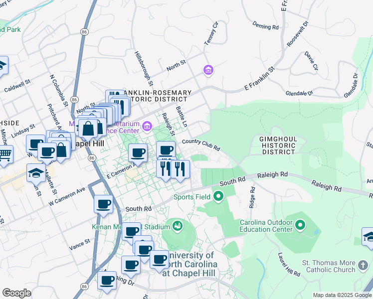 map of restaurants, bars, coffee shops, grocery stores, and more near 102 Country Club Road in Chapel Hill