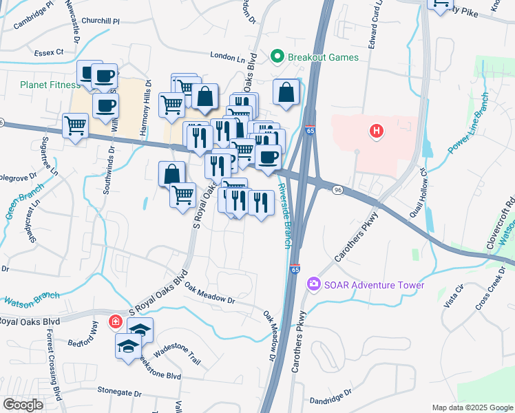 map of restaurants, bars, coffee shops, grocery stores, and more near 347 Riverside Drive in Franklin