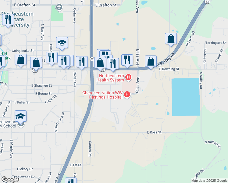 map of restaurants, bars, coffee shops, grocery stores, and more near 101 North Lena Avenue in Tahlequah