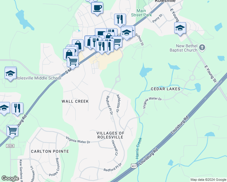 map of restaurants, bars, coffee shops, grocery stores, and more near 601 Ashbrittle Drive in Rolesville