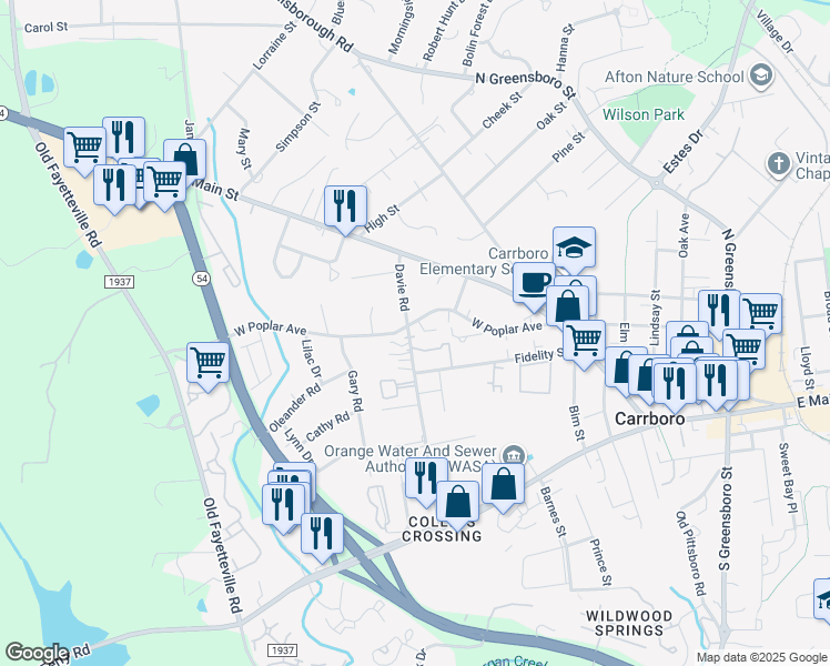 map of restaurants, bars, coffee shops, grocery stores, and more near 211 West Poplar Avenue in Carrboro