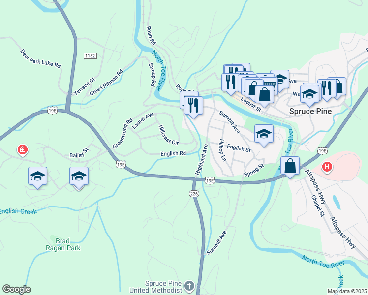 map of restaurants, bars, coffee shops, grocery stores, and more near 63 Hillcrest Circle in Spruce Pine