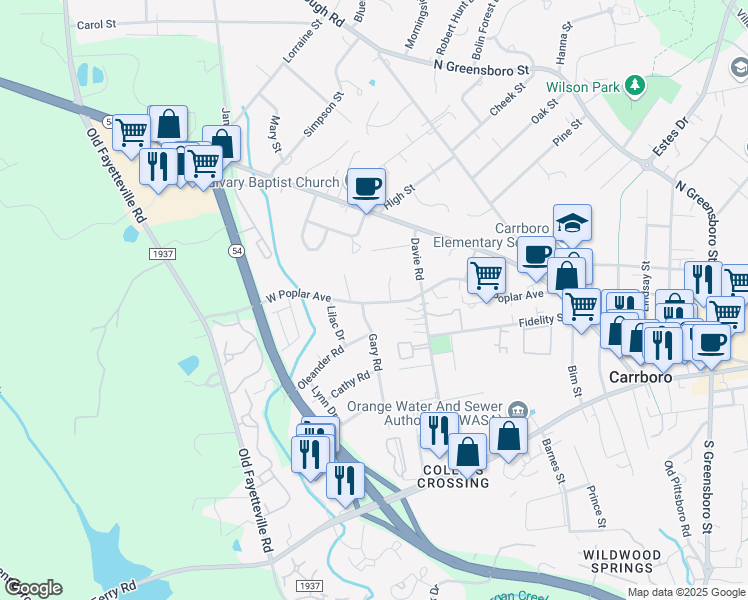 map of restaurants, bars, coffee shops, grocery stores, and more near 308 West Poplar Avenue in Carrboro