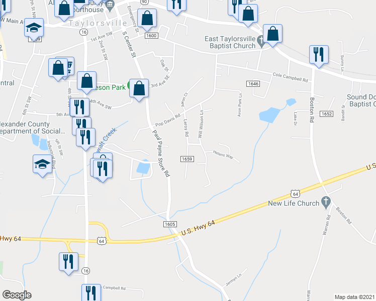 map of restaurants, bars, coffee shops, grocery stores, and more near 171 Leroy Road in Township of Taylorsville