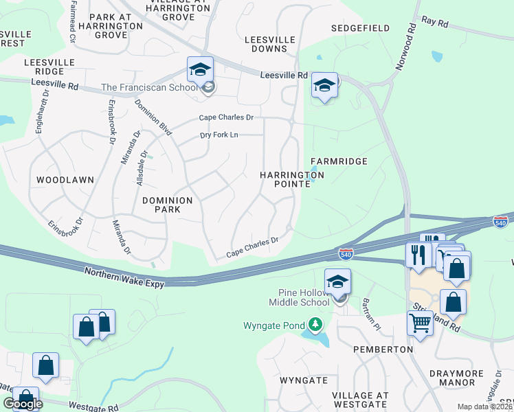 map of restaurants, bars, coffee shops, grocery stores, and more near 9452 Bells Valley Drive in Raleigh