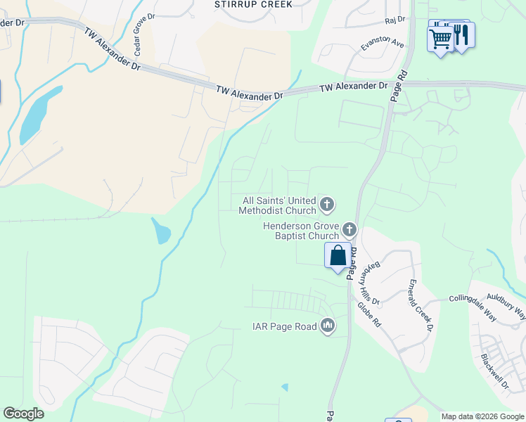 map of restaurants, bars, coffee shops, grocery stores, and more near 103 Ridgeline Court in Durham