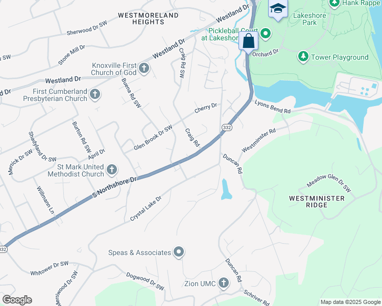 map of restaurants, bars, coffee shops, grocery stores, and more near 1308 Knollwood Circle Southwest in Knoxville