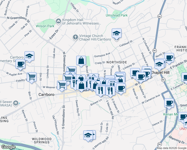 map of restaurants, bars, coffee shops, grocery stores, and more near 311 Sunset Drive in Chapel Hill