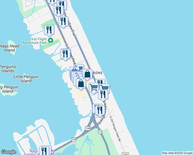 map of restaurants, bars, coffee shops, grocery stores, and more near 7105 South Virginia Dare Trail in Nags Head