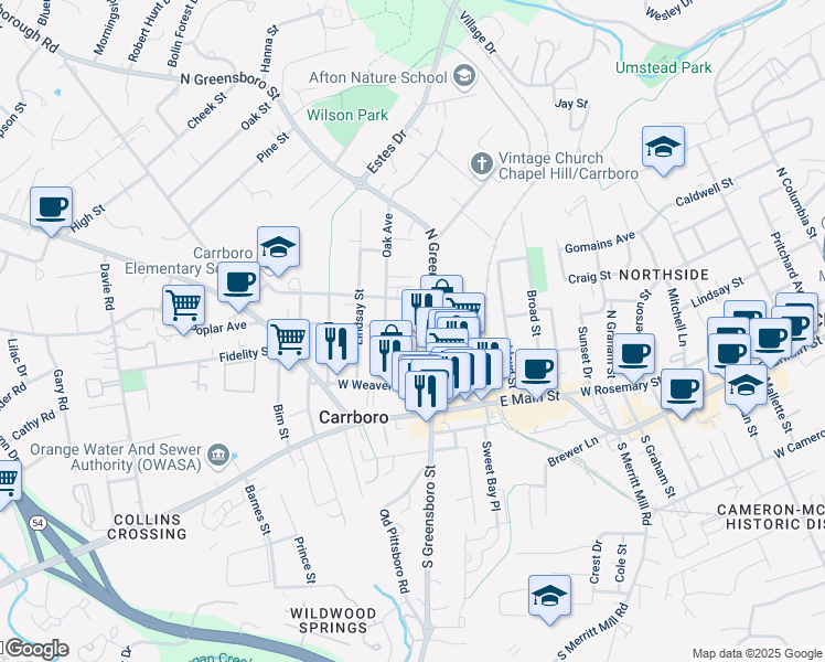 map of restaurants, bars, coffee shops, grocery stores, and more near 502 East Poplar Avenue in Carrboro