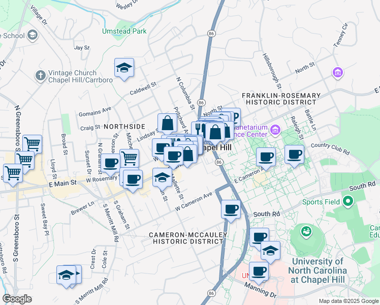 map of restaurants, bars, coffee shops, grocery stores, and more near 140 West Franklin Street in Chapel Hill
