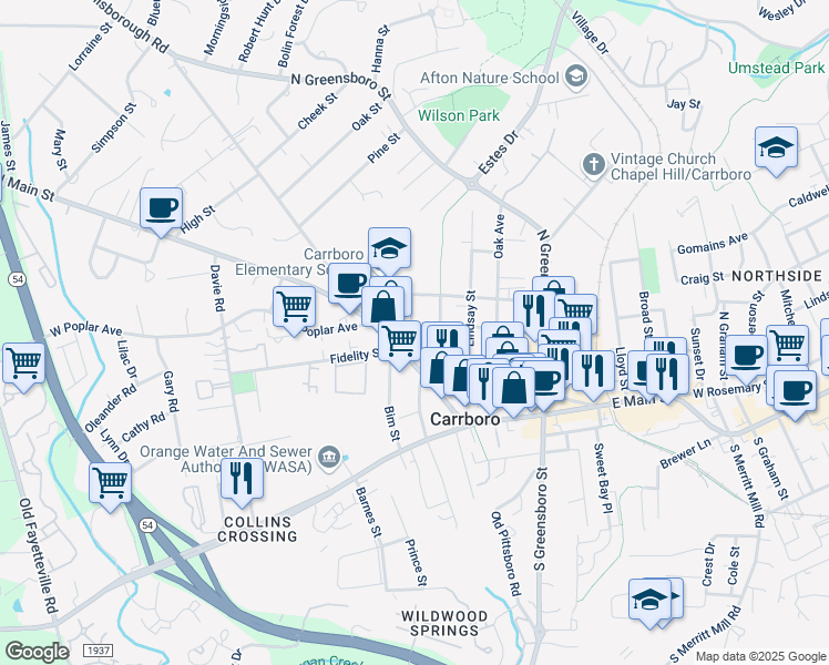 map of restaurants, bars, coffee shops, grocery stores, and more near 108 Ashe Street in Carrboro