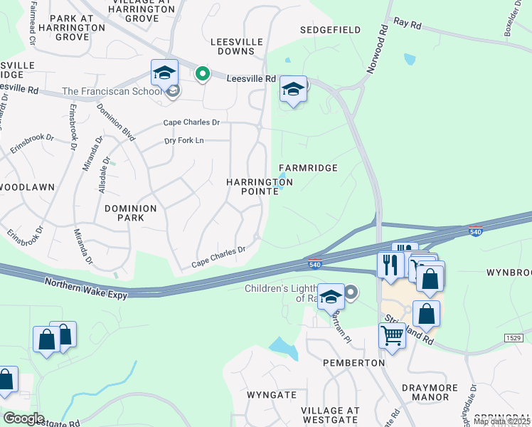map of restaurants, bars, coffee shops, grocery stores, and more near 7724 Cape Charles Drive in Raleigh