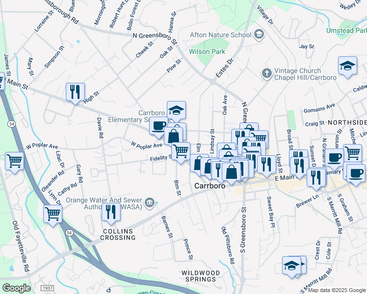 map of restaurants, bars, coffee shops, grocery stores, and more near 108 Ashe Street in Carrboro