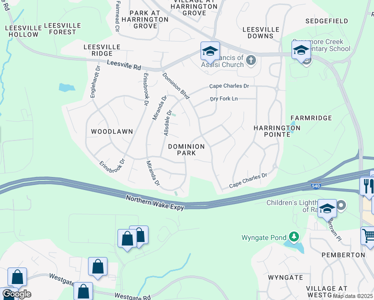 map of restaurants, bars, coffee shops, grocery stores, and more near 8829 Miranda Drive in Raleigh
