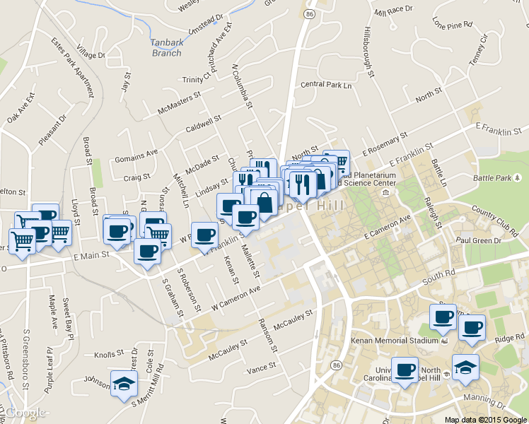 map of restaurants, bars, coffee shops, grocery stores, and more near 140 West Franklin Street in Chapel Hill