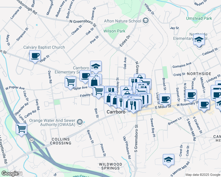 map of restaurants, bars, coffee shops, grocery stores, and more near 116 Elm Street in Carrboro
