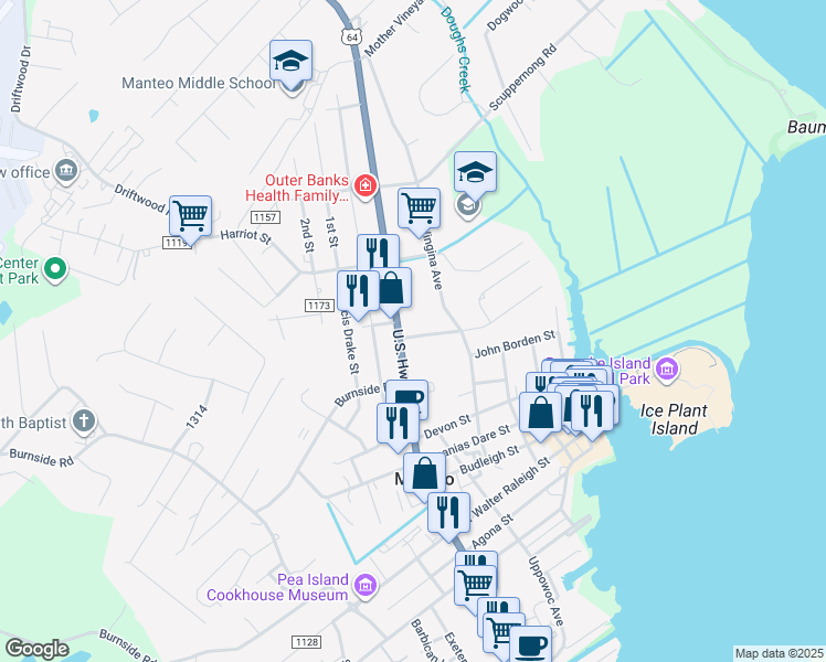 map of restaurants, bars, coffee shops, grocery stores, and more near 515 Barlowe Street in Manteo