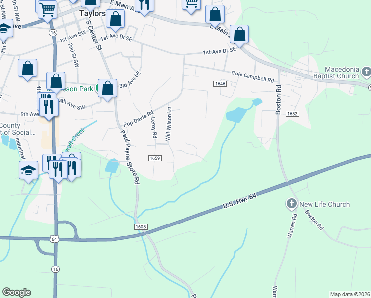 map of restaurants, bars, coffee shops, grocery stores, and more near 53 Helens Way in Taylorsville