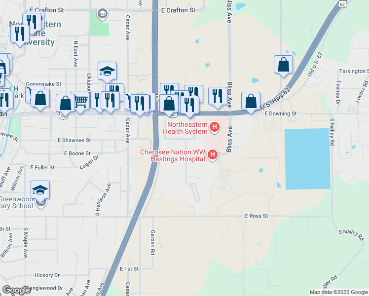 map of restaurants, bars, coffee shops, grocery stores, and more near 101 North Lena Avenue in Tahlequah