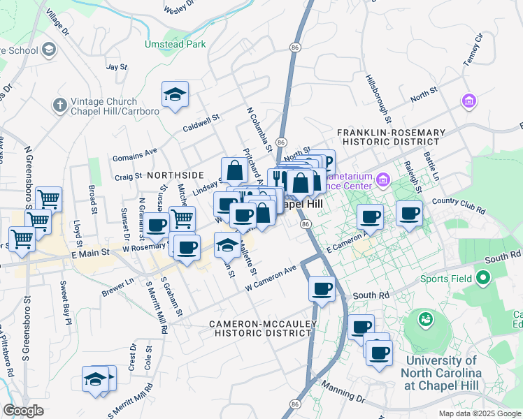 map of restaurants, bars, coffee shops, grocery stores, and more near 140 West Franklin Street in Chapel Hill