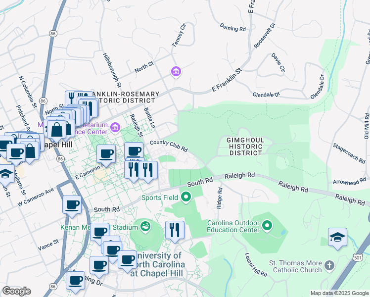 map of restaurants, bars, coffee shops, grocery stores, and more near 203 Country Club Road in Chapel Hill