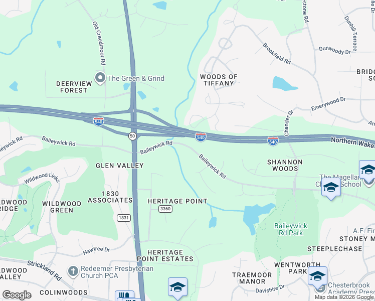 map of restaurants, bars, coffee shops, grocery stores, and more near 9717 Baileywick Road in Raleigh