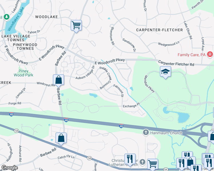 map of restaurants, bars, coffee shops, grocery stores, and more near 1306 Pebble Creek Crossing in Durham