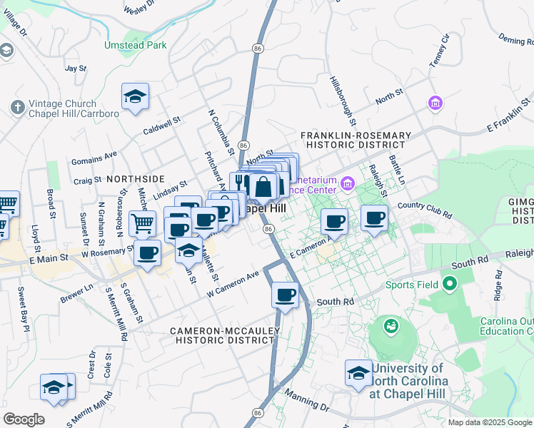 map of restaurants, bars, coffee shops, grocery stores, and more near in Chapel Hill